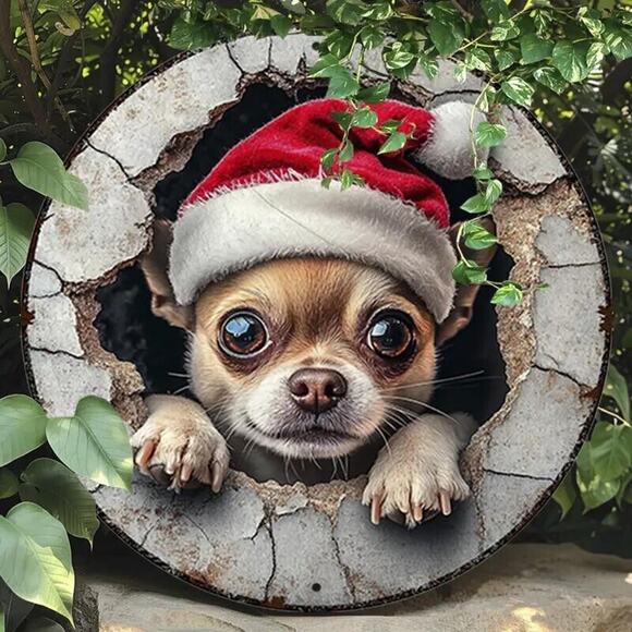 Brown Chihuahua Puppy in Christmas Cap Tin Metal Sign • Round 8x8in •Home Garage - Picture 2 of 8